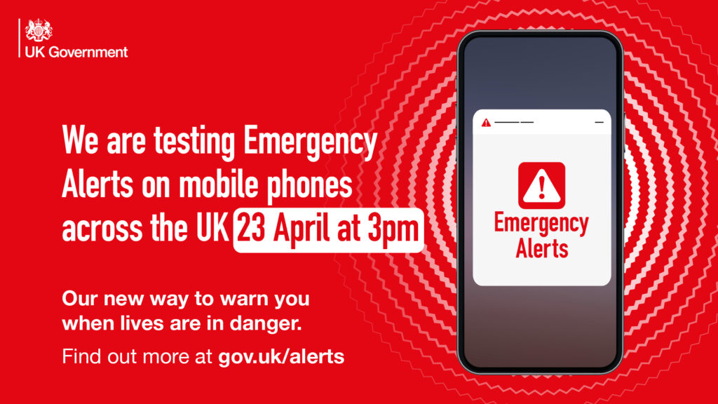 A mobile phone with an Emergency Alerts displayed on its screen. Text on the image is repeated in the main text of this blog.