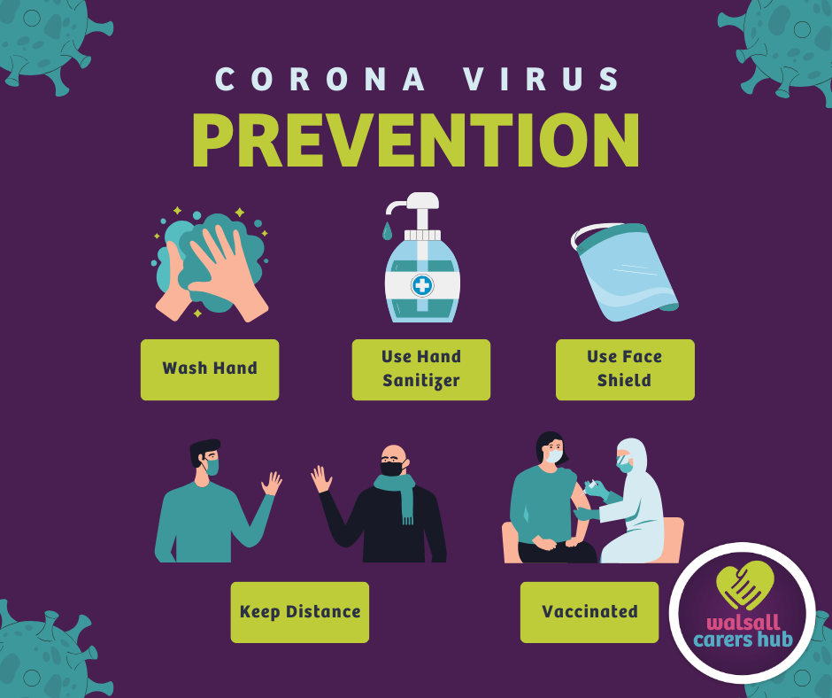 Covid-19 prevention and protection. Wash hands. Use hand sanitiser. Use face shield, keep your distance. Get vaccinated.