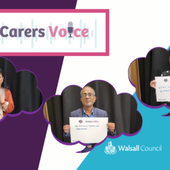The logo for Carers Voice is shown. there are 3 speech bubble shaped picture frames. Each one contains a picture of a different Carer. There is a middle aged South Asian lady in one. An Older South Asian men in another and in the third is a middle aged white lady.